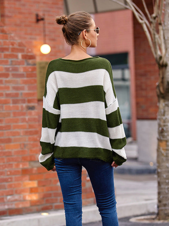 Women's rolled round neck striped color block sweater