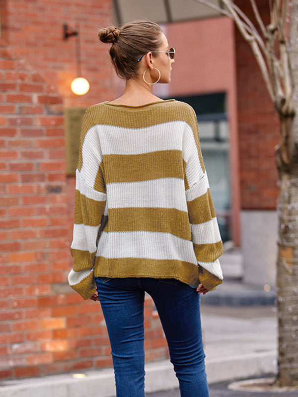 Women's rolled round neck striped color block sweater