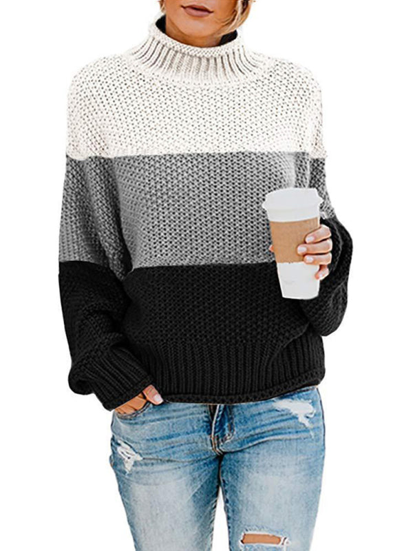 Women's turtleneck long sleeve thick line color matching turtleneck pullover