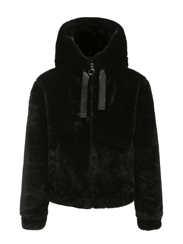 Plush hooded long sleeve warm short jacket
