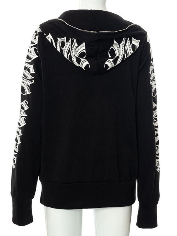 Zippered letter print hooded long-sleeved casual sweatshirt