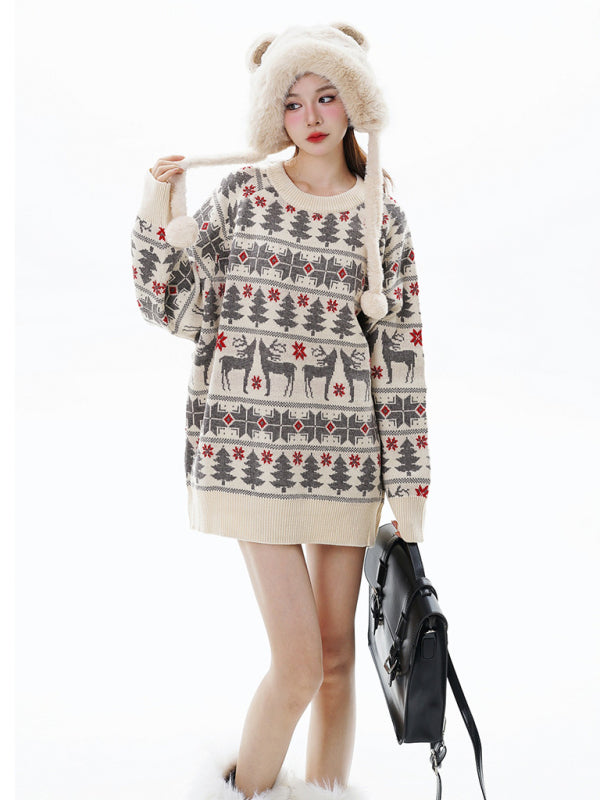 Christmas elk double layer contrast jacquard crew neck pullover sweater