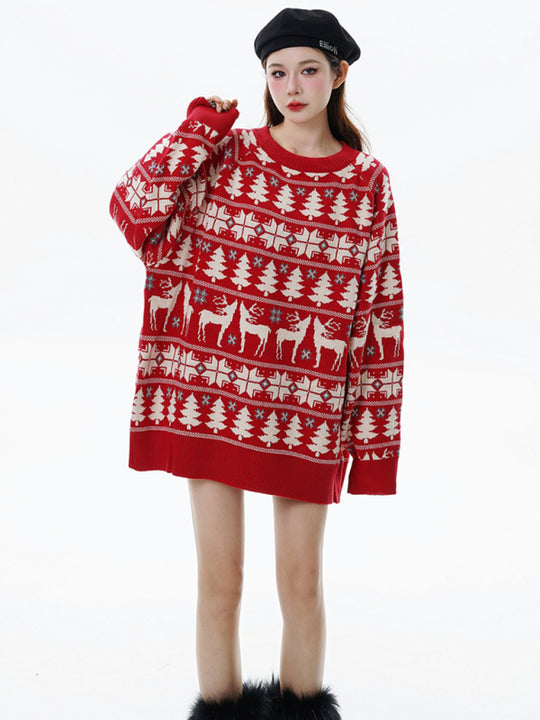 Christmas elk double layer contrast jacquard crew neck pullover sweater