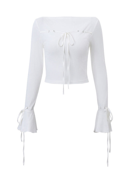 Women's Bow Tie Thread Slim Fit Flared Long Sleeves