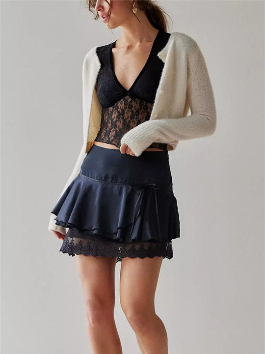 New lace V-neck short-sleeved bow sexy short-sleeved top