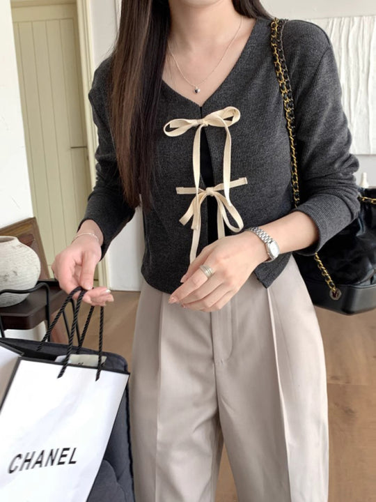 Women's new fashionable bow tie knitted cardigan top