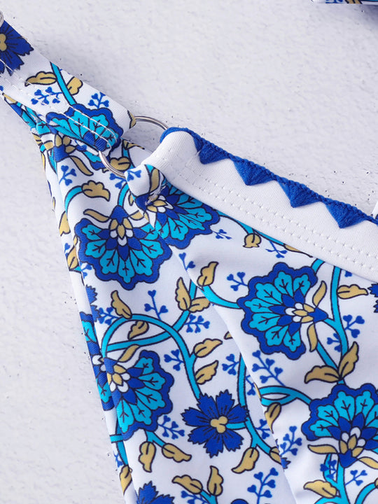 Women's cross-string digital print hook-and-edge split swimsuit