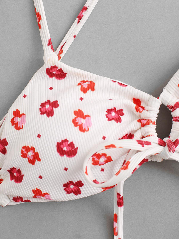 New pink flower print split swimsuit tie-dye halterneck bikini