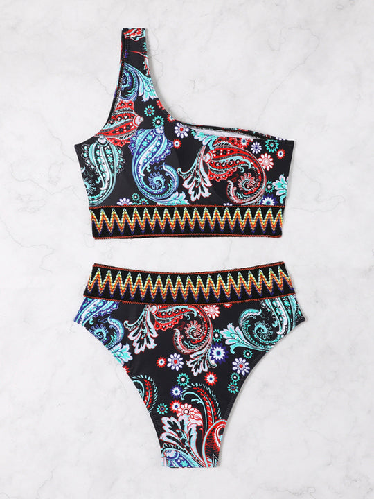 New fashion printed elastic knitted one-shoulder split triangle bikini