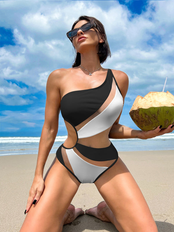 New solid color hollow mesh sexy bikini one-piece swimsuit