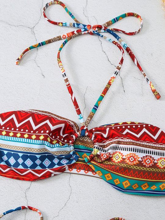 New style halterneck lace-up adjustable briefs printed multi-color split bikini