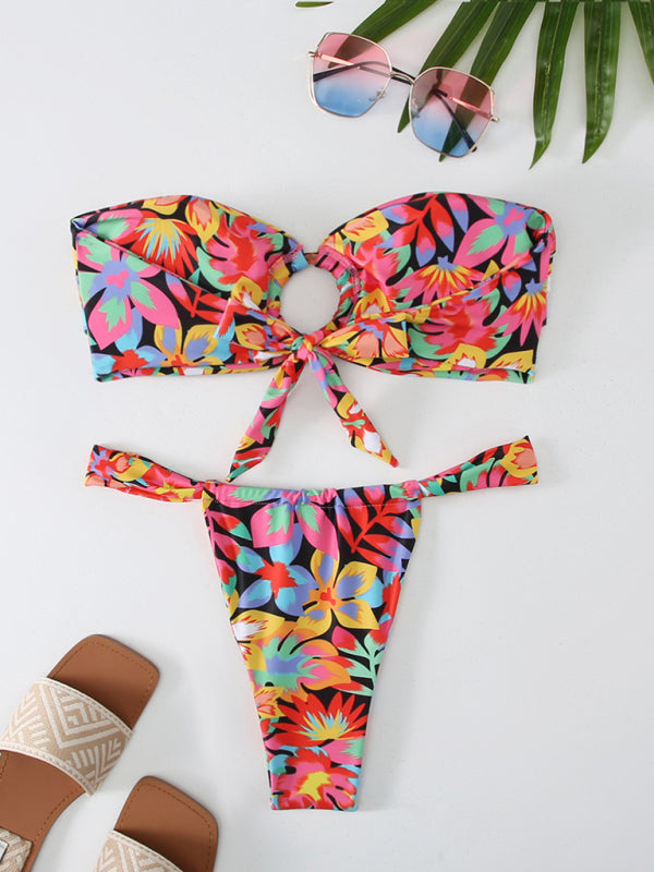 New floral plaid print bandeau bikini