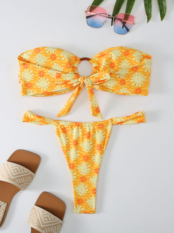 New floral plaid print bandeau bikini