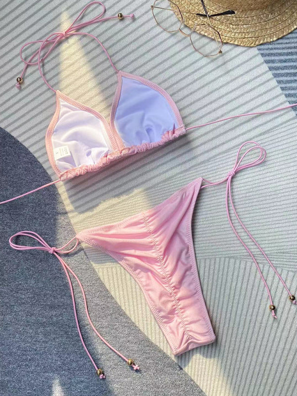 Women's new bikini solid color rope strap sexy swimsuit