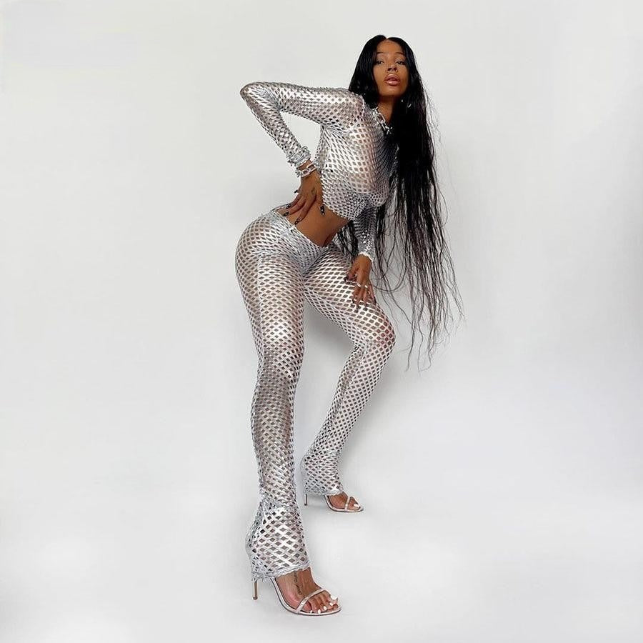 Stretch Silver Tracksuit Two Piece Set